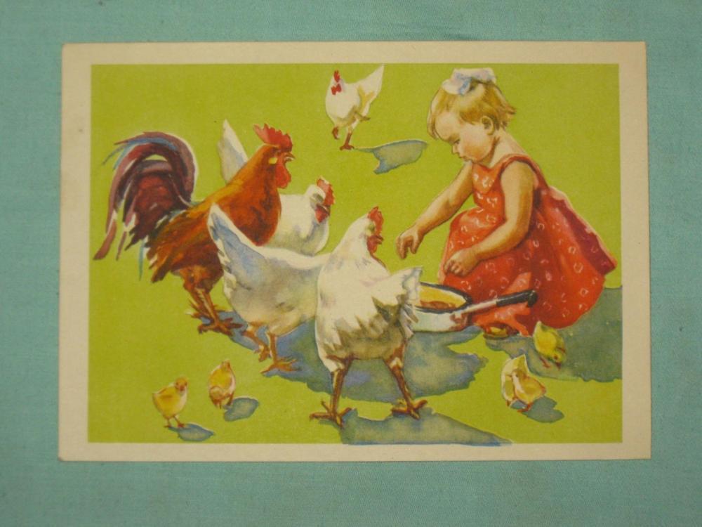 Картина дети кормят курицу и цыплят