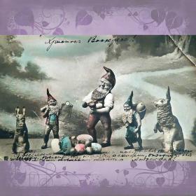 Антикварная открытка "Пасха. Гномы и зайцы"