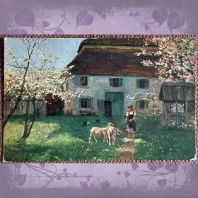 Антикварная открытка "Девушка с овцами"