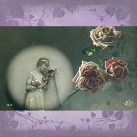 Антикварная открытка "Девушка с розами"