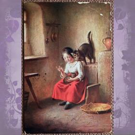 Антикварная открытка "Девочка и кошки"