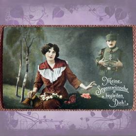 Антикварная открытка "Девушка с колокольчиками. Немецкий солдат". Первая мировая война