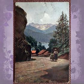 Антикварная открытка "Вид на озеро Вальхензе и горы Кардвендель". Германия