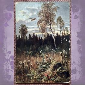 Антикварная открытка "Лесной пейзаж. На опушке леса"