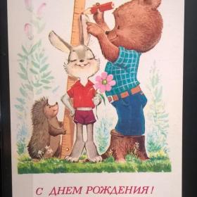 Открытка чистая С Днем рождения В. Зарубин 1981 мишка заяц ёж линейка