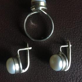 Кольцо и серьги вставка жемчуг натуральный серебро 925 Классика