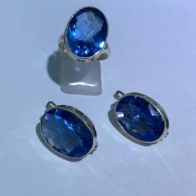 комплект серьги и кольцо серебро 925  вставка голубая шпинель