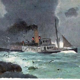 Старинная открытка. Колёсный пароход на волнах. До 1917 года.