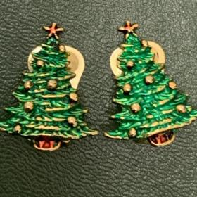 Винтажные красивые клипсы Рождественская ёлочка Англия Золотой тон, зелёная эмаль. Хорошее состояние
