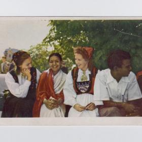 Открытка ГДР соцлагерь Молодежь мира 1950-е чистая редкая фестиваль борьба борец дружба народов