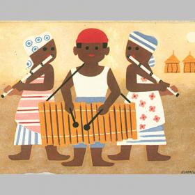 Открытка иностранная. Мир музыки - Африка. Художник Том Экерсли, 1970-е гг, чистая, двойная
