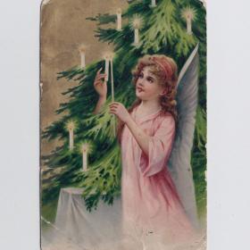 Открытка дореволюционная антикварная иностранная Рождество рождественская ангел свечи любовь свет