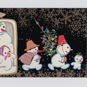 Открытка СССР Новый год 1968 Искринская чистая тройная редкость снеговики холодильник дети юмор
