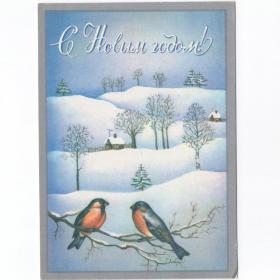 Открытка СССР Новый год 1987 Канканян чистая детство новогодняя ночь птицы снегири деревня пейзаж