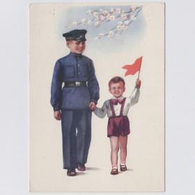 Открытка СССР день праздника 1954 Кащеев чистая ученик соцреализм дети детство школьная форма флажок