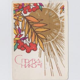 Открытка СССР Праздник 1967 Коминарец подписана осень солнце бабье лето рябина желтый лист стиль