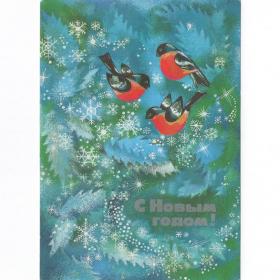 Открытка СССР Новый год 1987 Малинская чистая детство стиль новогодняя ночь снегири птицы снежинки