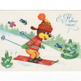 Открытка СССР Новый год 1984 Манилова чистая новогодняя птицы снегирь синица лыжи лыжник спорт