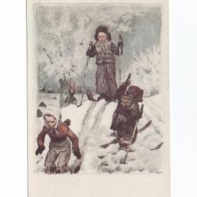 Открытка СССР Лыжники 1958 Пахомов чистая редкость соцреализм дети детство ребенок лыжи спорт лыжня