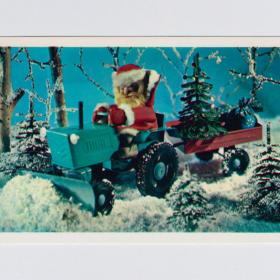 Открытка СССР Новый год 1976 Поклад Ручкин чистая куклы трактор прицеп лес Дед Мороз елки снег отвал