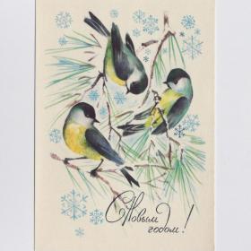 Открытка СССР Новый год 1970 Разговоров чистая праздник синица птицы снежинки сосна подарки чудо