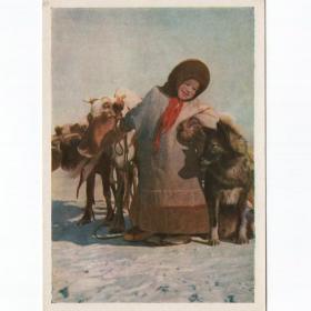 Открытка СССР Друзья 1950-е Становов чистая соцреализм дети детство Крайний Север лайка собака снег