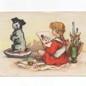 Открытка СССР Юный художник 1956 Зубковский подписана соцреализм детство девочка собака рисование