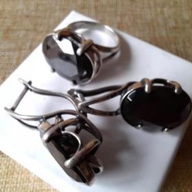 Комплект кольцо и серьги с индийским раухтопазом, винтаж