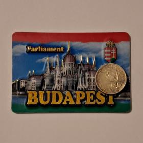 Сувенирный магнит БУДАПЕШТ с НАСТОЯЩЕЙ монетой Венгрии , 5 форинтов ЦАПЛЯ