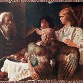 Антикварная открытка. Рембрандт "Авраам и три ангела". Красный крест. Общ. Св. Евгении
