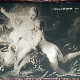 Антикварная открытка. Ф. Буше "Леда и лебедь"