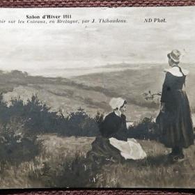 Антикварная открытка. Дж. Тибодо "Вечер на склонах в Бретани"