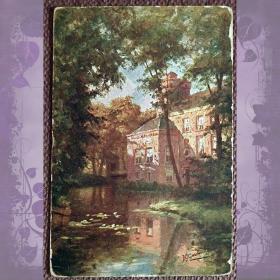 Антикварная открытка "Дом с прудом"