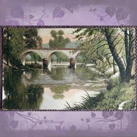 Антикварная открытка "Пейзаж с мостом"