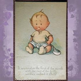 Антикварная открытка "Новорожденный по имени Билл"
