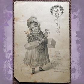 Антикварная открытка "Девочка с подарками". Рождество, Новый год