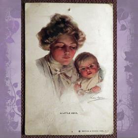 Антикварная открытка. Молодая мать с ребенком. "Маленький дьявол". США
