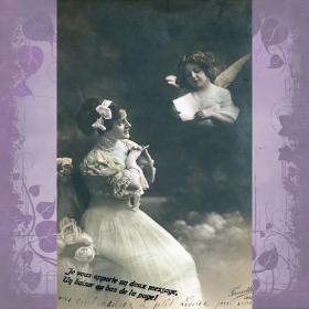 Антикварная открытка "Девушка и ангел"