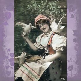 Антикварная открытка "Девушка с голубями" (покрытие блестками)