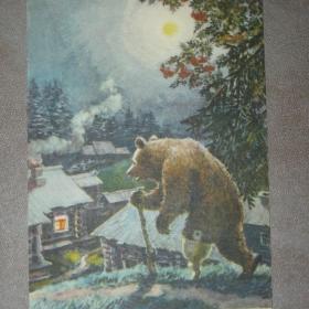 Открытка "Медведь - липовая нога". В.Хвостенко. 1955 год. Чистая.
