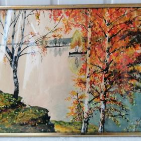 Картина  Осень под стеклом. Акварель, бумага. Подпись автора. СССР 1989 год