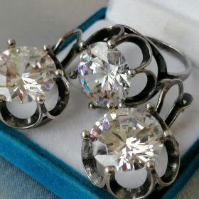 Комплект Серьги + кольцо, крупный, серебрение.