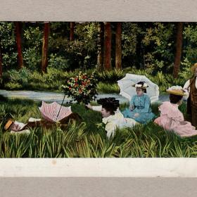 Открытка дореволюционная царская отдых лес природа пикник зонт мужчина женщина одежда мода усы