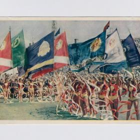Открытка СССР Физкультурный парад 1956 Бочинин чистая соцреализм спорт физкультура флаг пропаганда