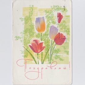 Открытка СССР Праздник 1968 Чмаров подписана поздравительная стиль графика букет цветы тюльпаны