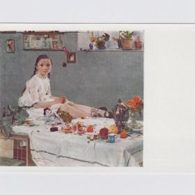 Открытка СССР Портрет девочки 1959 Фешин чистая живопись Варя Адоратская косички натюрморт детство