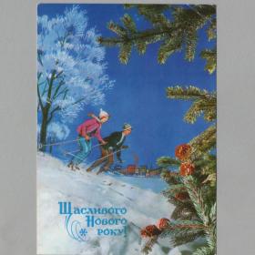 Открытка СССР Новый год 1974 Гришин Шамшин чистая соцреализм детство новогодняя ночь спорт лыжи зима