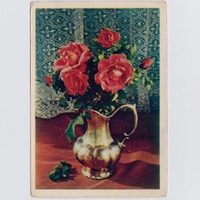 Открытка СССР Букет роз 1956 Игнатович подписана ваза цветы шипы листья цветок лепесток бутон роза