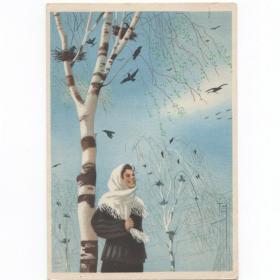 Открытка СССР Весна 1955 Караченцов чистая соцреализм девушка радость грачи счастье нежность гнездо