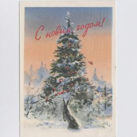Открытка СССР Новый год 1959 Климашин подписана заяц лес елка птицы снегири зимний лес праздник снег